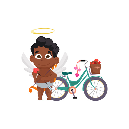 Afro cupid with romantic bicycle illustration. Romantic, vehicle, angel. Saint Valentines Day concept. Vector illustration can be used for topics like romantic, love, celebration, greeting cardのイラスト素材