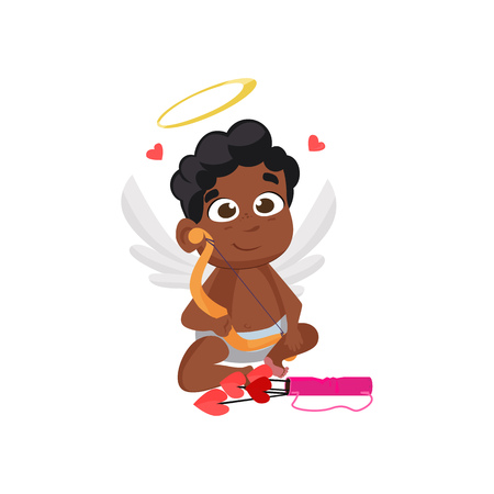 Sitting afro cupid illustration. Kid, angel, quiver, arrows. Saint Valentines Day concept. Vector illustration can be used for topics like romantic, love, celebration, greeting cardのイラスト素材