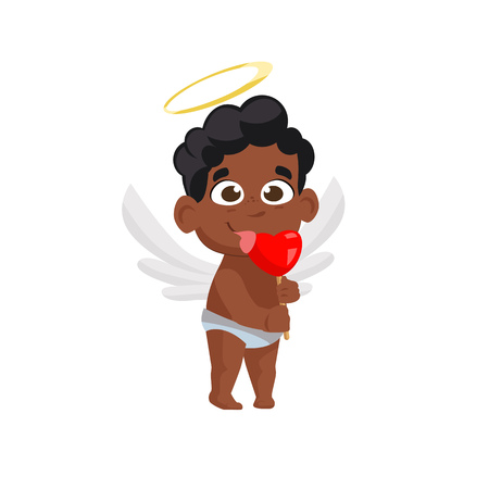 Afro cupid eating heart lollipop illustration. Sweet, candy, angel. Saint Valentines Day concept. Vector illustration can be used for topics like romantic, love, celebration, greeting cardのイラスト素材