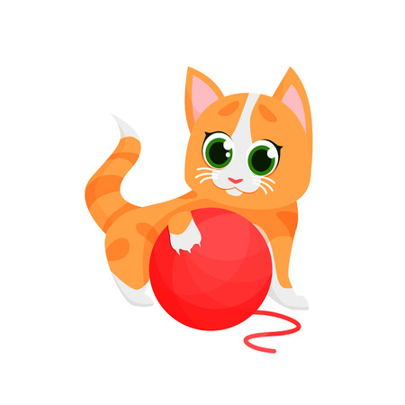 Cute red kitten playing with yarn. Cat, ball, cartoon character. Animal concept. Can be used for topics like pets, home, joy, careのイラスト素材