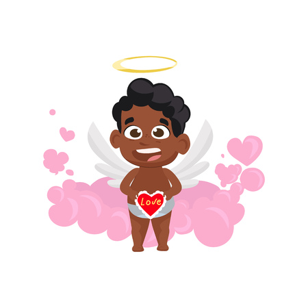 Afro cupid holding heart with inscription. Kid, love, romantic, angel. Saint Valentines Day concept. Vector illustration can be used for topics like romantic, love, celebration, greeting cardのイラスト素材