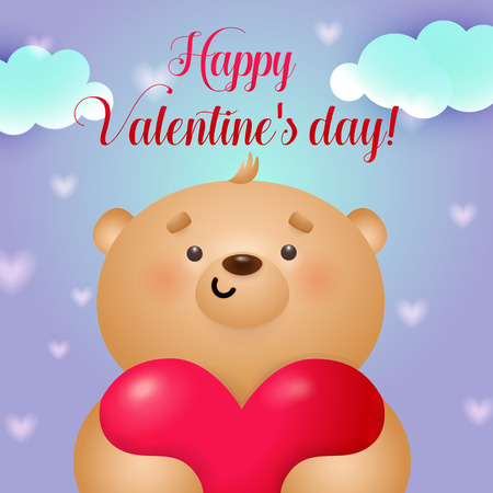 Happy Valentines day poster design. Friendly teddy bear holding red heart, clouds on lilac background. Illustration can be used for banners, flyers, greeting cardsのイラスト素材