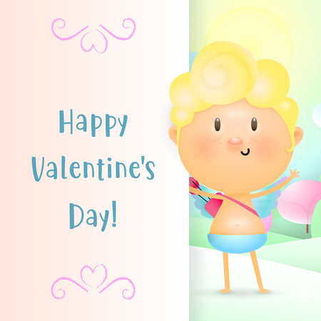 Happy Valentines Day lettering with cupid angel. Saint Valentines Day greeting card. Typed text, calligraphy. For leaflets, brochures, invitations, posters or banners.のイラスト素材