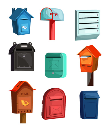 Mail boxes icons set. Flat icons on white background. Wood, red, blue and green mail boxes. Post service concept. Vector illustration can be used for topics like household, post service, mailingのイラスト素材