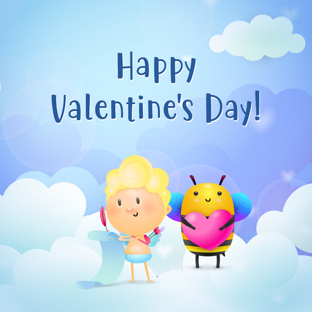 Valentines day invitation design. Baby Cupid and bee with pink heart making gift list on blue background with clouds. Illustration can be used for posters, banners, greeting cardsのイラスト素材