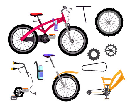 Bicycle details set. Wheel, chain, seat. Driving vehicle concept. Vector illustration can be used for topics like sport, activity, lifestyleのイラスト素材