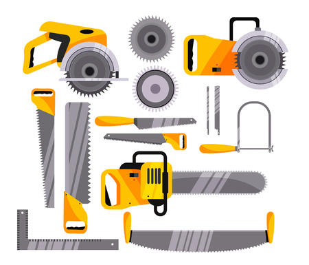 Chainsaw icons set. Flat icons on white background. Saw, metal, equipment. Building concept. Vector illustration can be used for topics like household, building, engineeringのイラスト素材