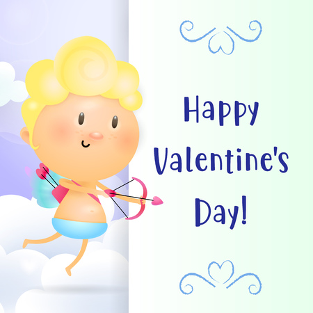 Happy Valentines Day lettering and cupid with bow. Saint Valentines Day greeting card. Typed text, calligraphy. For leaflets, brochures, invitations, posters or banners.のイラスト素材