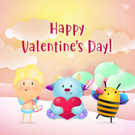 Valentines day invitation design. Sweet monster with red heart, bee with megaphone and cute Cupid, natural landscape in background. Illustration can be used for posters, banners, greeting cardsのイラスト素材