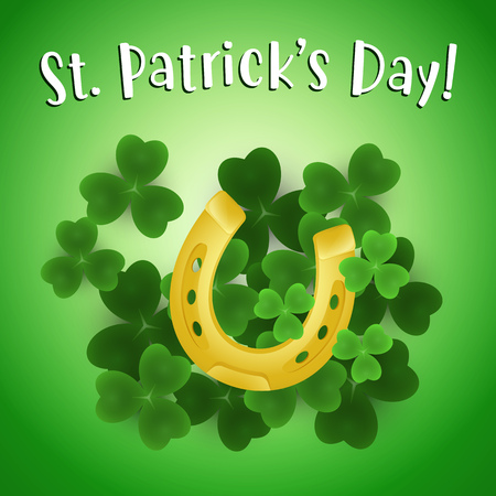St Patricks Day lettering with golden horseshoe and clover. Saint Patricks Day greeting card. Typed text, calligraphy. For leaflets, brochures, invitations, posters or banners.のイラスト素材