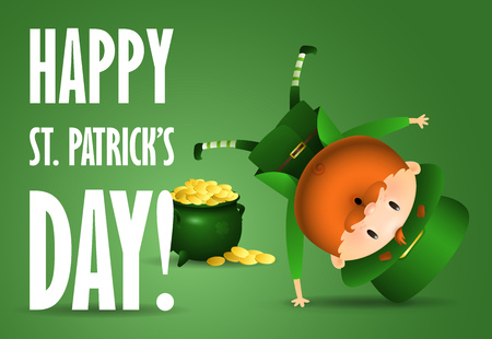 Happy St Patricks Day lettering, joyful Leprechaun, pot of gold. Saint Patricks Day greeting card. Typed text, calligraphy. For leaflets, brochures, invitations, posters or banners.のイラスト素材