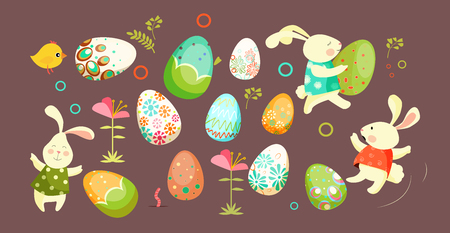Set of Easter eggs and bunnies. Colorful eggs, springtime, tradition. Can be used for topics like celebration, festive, Easter decorationのイラスト素材