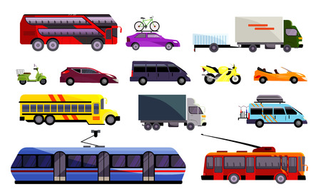 Set of various land vehicles. Automobiles, public transport, trucks. Can be used for topics like transports, infrastructure, transportationのイラスト素材