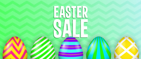 Easter Sale lettering with bright decorated eggs. Easter sale advertising design. Typed text, calligraphy. For posters, invitations, banners, leaflets and brochures.のイラスト素材