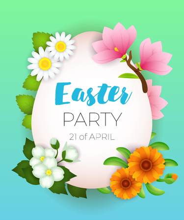 Easter Party, twenty first of April lettering on egg shaped frame with flowers. Easter party invitation. Handwritten and typed text, calligraphy. For posters, banners, leaflets and brochures.のイラスト素材