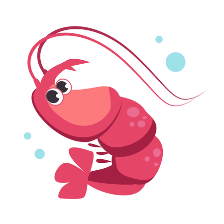 Funny pink shrimp flat icon. Seafood, mollusk, lobster. Sea cartoon characters concept. Vector illustration can be used for topics like animals, marine life, natureのイラスト素材