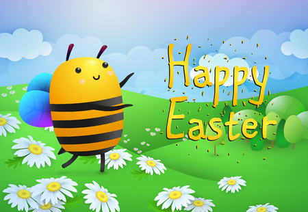 Happy Easter lettering and bee on lawn with flowers. Easter greeting card. Typed text, calligraphy. For leaflets, brochures, invitations, posters or banners.のイラスト素材