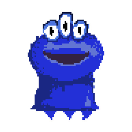Happy pixel blue monster. Little smiling alien with big mouth and three eyes. Can be used for topics like nightmare, ufo, mutation, Halloweenのイラスト素材