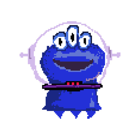 Smiling pixel alien with three eyes. Funny blue Martian wearing space suit. Can be used for topics like monster, creature, invaderのイラスト素材