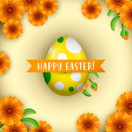 Happy Easter poster design. Orange flowers, yellow egg and ribbon on beige background. Illustration can be used for leaflets, invitation cards, festive bannersのイラスト素材