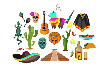 Mexican attributes illustration. Cloth, accessory, national style. Ethnography concept. Vector illustration can be used for topics like Mexica, adventure, tripのイラスト素材