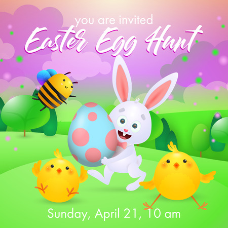 Easter Egg Hunt lettering with chicks, bunny and bee. Easter party invitation. Handwritten text, calligraphy. For leaflets, brochures, invitations, posters or banners.のイラスト素材