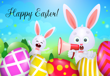 Happy Easter lettering, rabbits with megaphone and decorated eggs. Easter greeting card. Handwritten text, calligraphy. For leaflets, brochures, invitations, posters or banners.のイラスト素材
