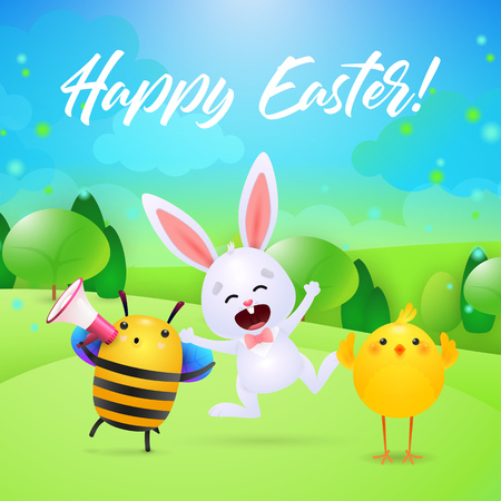 Happy Easter lettering, megaphone, rabbit, bee and chick. Easter greeting card. Handwritten text, calligraphy. For leaflets, brochures, invitations, posters or banners.のイラスト素材