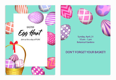 Easter Egg Hunt lettering in frame with decorated eggs. Easter invitation. Handwritten and typed text, calligraphy. For leaflets, brochures, invitations, posters or banners.のイラスト素材