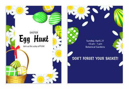 Egg Hunt lettering with flowers and painted eggs. Easter invitation. Handwritten and typed text, calligraphy. For leaflets, brochures, invitations, posters or banners.のイラスト素材