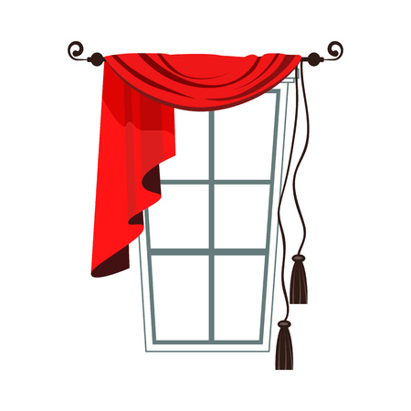 Red curtain and window illustration.Textile, window, decor. Interior concept. Vector illustration can be used for topics like home, interior design, decorationのイラスト素材