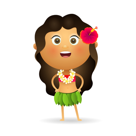 Girl wearing bra, Hawaiian skirt, flower and garland vector illustration. Summer resort, Hawaii, tourist. Vacation concept. Vector illustration can be used for topics like summer, travel, tourismのイラスト素材