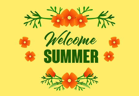 Welcome summer lettering and flowers. Tourism, summer offer or sale advertising design. Handwritten...