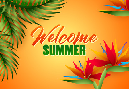 Welcome summer lettering with tropical leaves and flowers. Tourism, summer offer or sale advertising design. Handwritten and typed text, calligraphy. For brochures, invitations, posters or banners.のイラスト素材