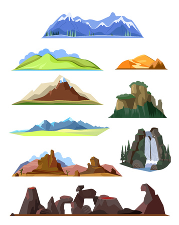 Mountains illustration set. Peaks, chain, snowcaps, hills. Nature concept. Can be used for topics like landscape, landmark, trekking, hikingのイラスト素材