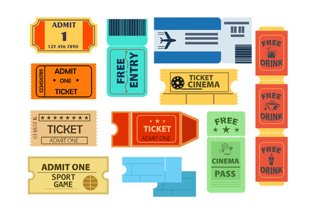 Tickets illustration set. Paper, pass, coupon. Access concept. Can be used for topics like cinema, plane, sport gameのイラスト素材