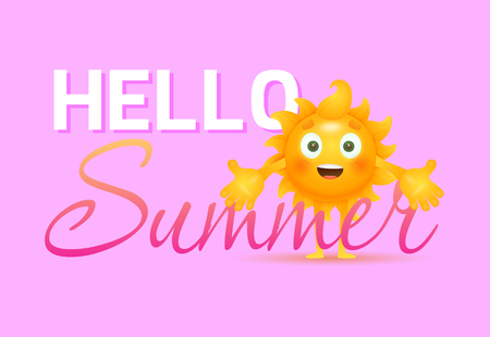 Hello summer lettering with smiling sun cartoon character. Tourism, summer offer design. Handwritten and typed text, calligraphy. For leaflets, brochures, invitations, posters or banners.の写真素材