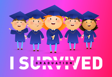 I Survived banner design. Happy graduates holding diplomas and celebrating on pink and violet background. Illustration can be used for banners, flyer, commencement ceremonyのイラスト素材