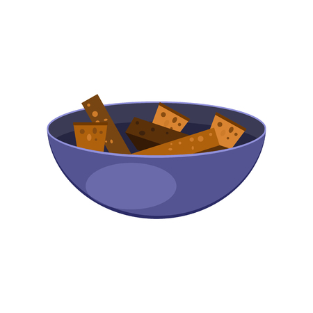 Bowl with dried bread pieces flat icon. Beer snack, appetizer, crouton. Alcohol concept. Vector illustration can be used for topics like drinks, food, mealのイラスト素材