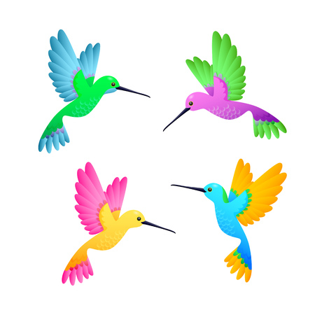 Colorful hummingbird set. Cute little birds with bright feathers. Can be used for topics like nature, ornithology, exotic birdsのイラスト素材