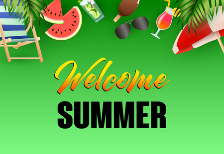Welcome summer bright poster design. Beach chair, sun umbrella, cocktail, ice cream, watermelon on green background. Vector illustration can be used for banners, flyers, greeting cardsのイラスト素材