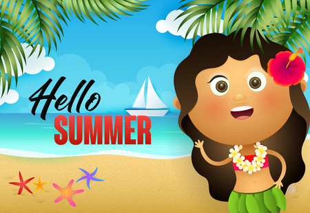 Hello summer flyer design. Hawaiian girl on tropical beach with sea and sail boat in background. Vector illustration can be used for resort banners, travel posters, greeting cardsのイラスト素材