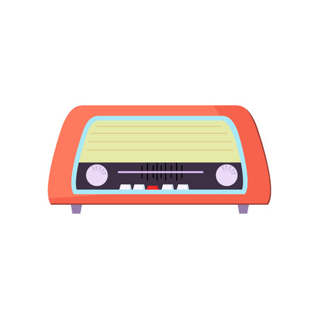 Vintage radio set. Red receiver with speaker and buttons. Radio concept. Vector illustration can be used for topics like broadcasting, fm channel, wave, communicationのイラスト素材