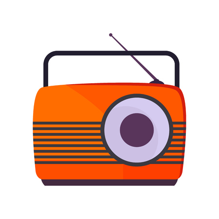 Portable vintage radio receiver. Orange set with speaker, antenna, volume control and handle. Vector illustration can be used for topics like news listening, broadcasting, fm channelのイラスト素材