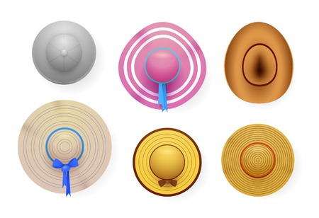 Summer hats set. Top view, cowboy, straw, blue ribbon, pink. Summertime concept Realistic vector illustration can be used for vacation, beach, head protectionのイラスト素材