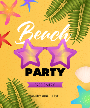 Beach Party lettering with star shaped sunglasses. Tourism, summer or invitation design. Handwritten and typed text, calligraphy. For leaflets, brochures, invitations, posters or banners.のイラスト素材