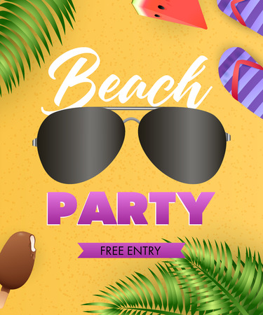 Beach Party lettering, sunglasses, flip flops, tropical leaves. Tourism, summer or invitation design. Handwritten and typed text, calligraphy. For leaflets, invitations, posters or banners.のイラスト素材