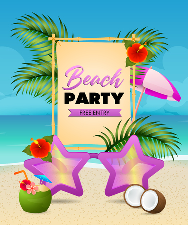 Beach Party lettering, star shaped sunglasses, coconut cocktail. Tourism, summer, holiday design. Handwritten and typed text, calligraphy. For leaflets, brochures, invitations, posters or banners.のイラスト素材