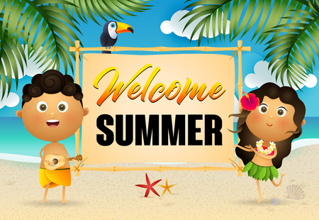 Welcome Summer lettering with happy aborigines. Tourism, summer offer or sale design. Handwritten and typed text, calligraphy. For leaflets, brochures, invitations, posters or banners.のイラスト素材