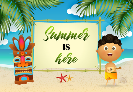 Summer is here lettering with aborigine and tribal mask. Tourism, summer offer or sale design. Handwritten and typed text, calligraphy. For leaflets, brochures, invitations, posters or banners.のイラスト素材